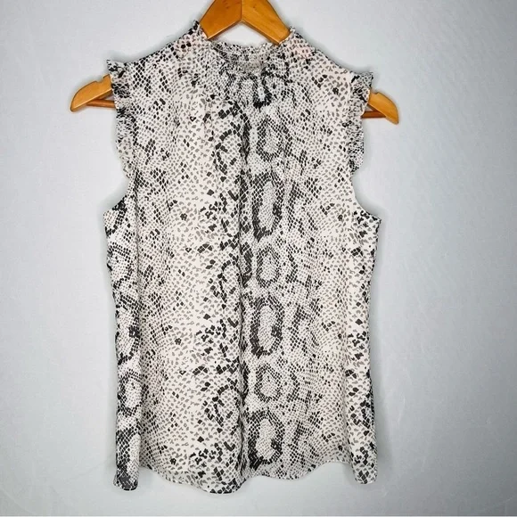 J. Crew Snakeskin-Print Mock-Neck Ruffle Neck/Sleeve Sleeveless Blouse. Size 0. - Picture 4 of 13